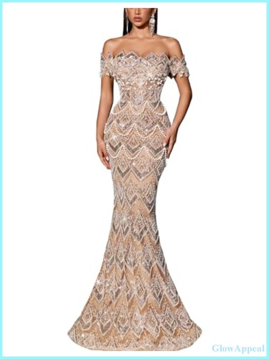 Dresses & Skirts - Off Shoulder Mermaid Prom Dress Sequin Beaded Evening Gown Lace Up Back